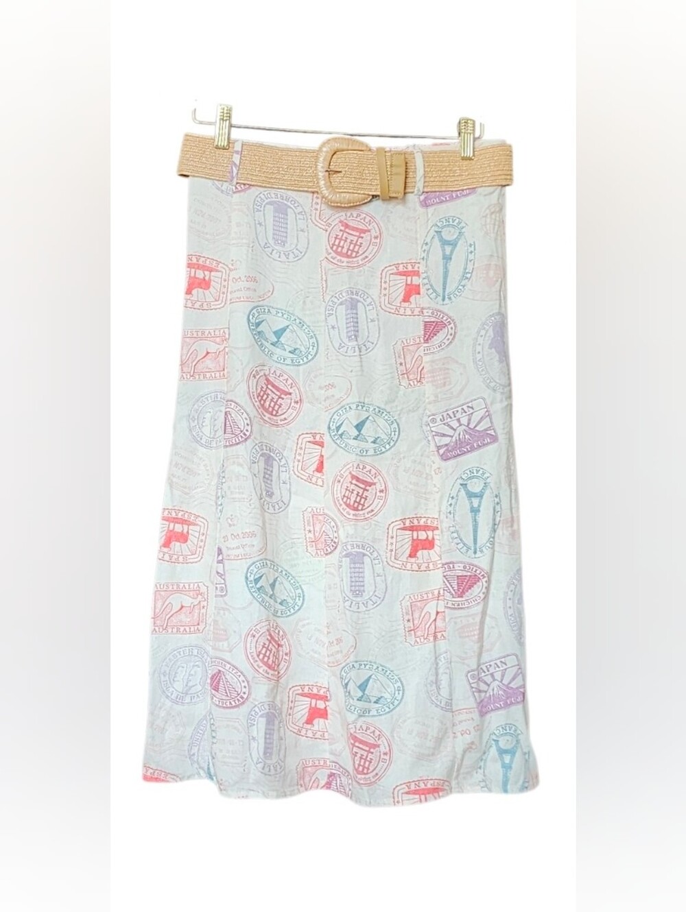 Womens Pastel Passport Print A-Line Skirt - Beige Belt